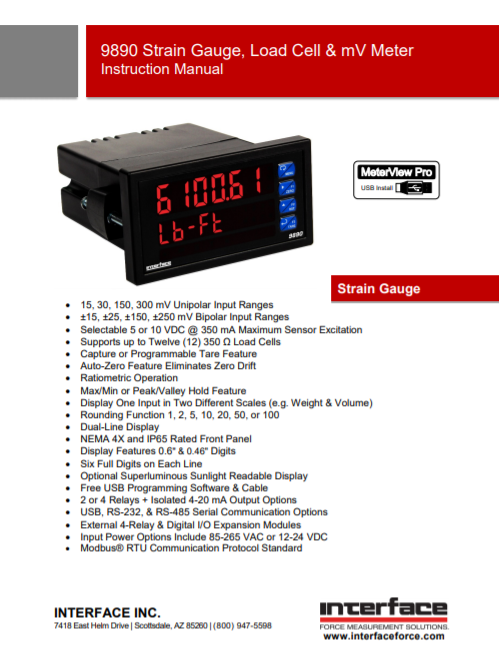 9890 Strain Gauge Load Cell mVV Indicator-Operating Manual