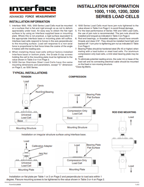 Interface low profile load cells – installation instructions